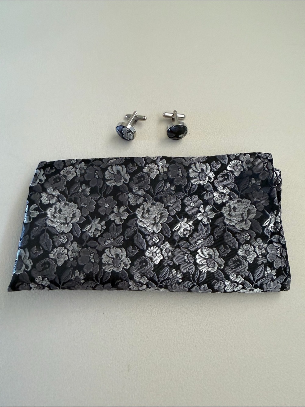 Black and Silver Floral Pocket Square with Cufflinks Set
